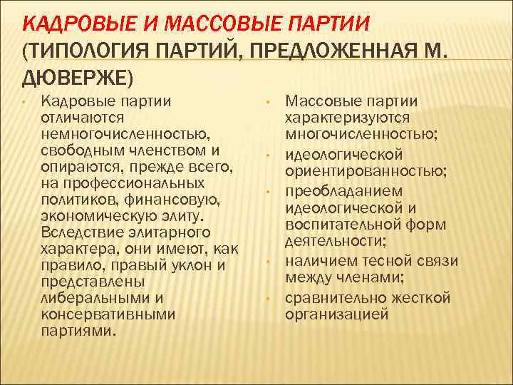 КАДРОВЫЕ И МАССОВЫЕ ПАРТИИ (ТИПОЛОГИЯ ПАРТИЙ, ПРЕДЛОЖЕННАЯ М. ДЮВЕРЖЕ) • Кадровые партии КАДРОВЫЕ И МАССОВЫЕ ПАРТИИ (ТИПОЛОГИЯ ПАРТИЙ, ПРЕДЛОЖЕННАЯ М. ДЮВЕРЖЕ) • Кадровые партии