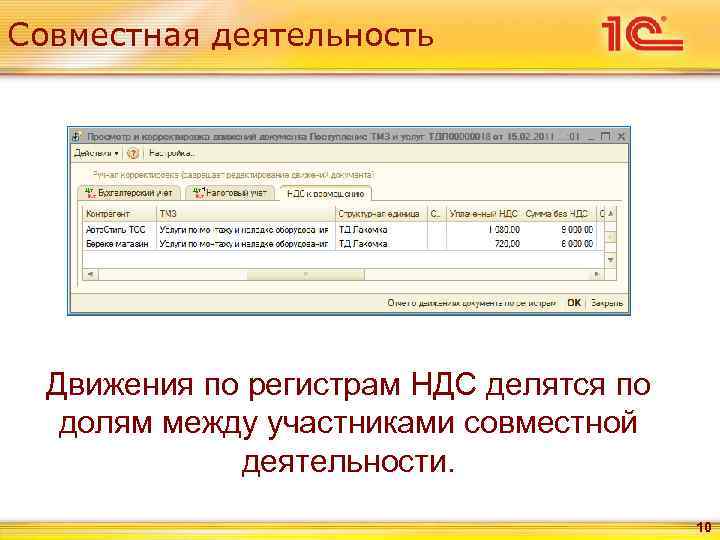 Совместная деятельность  Движения по регистрам НДС делятся по  долям между участниками совместной
