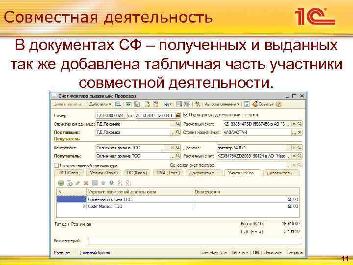 Совместная деятельность В документах СФ – полученных и выданных так же добавлена табличная часть