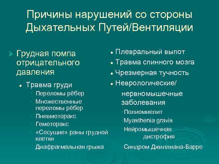   Причины нарушений со стороны   Дыхательных Путей/Вентиляции Ø  Грудная помпа