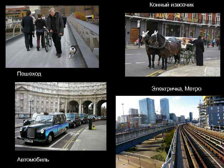    Конный извозчик Пешеход    Электричка, Метро Автомобиль 