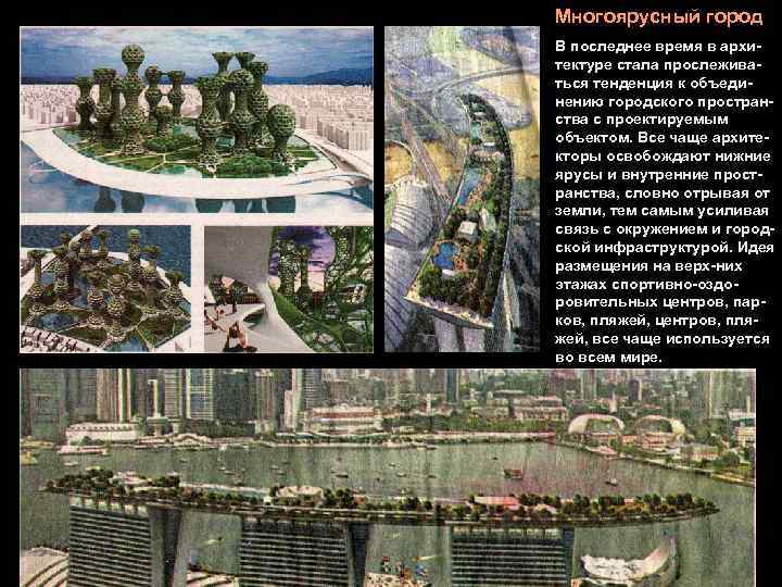 Многоярусный город В последнее время в архи- тектуре стала прослежива- ться тенденция к объеди-