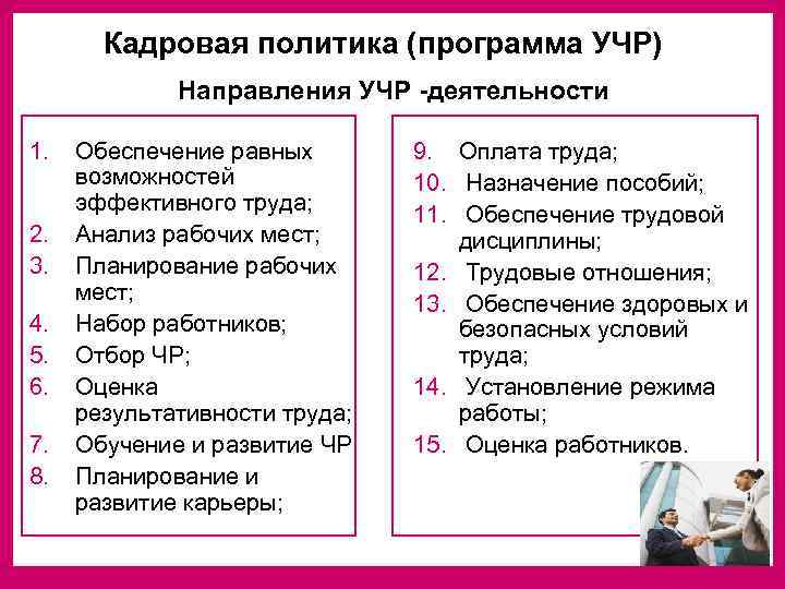   Кадровая политика (программа УЧР)   Направления УЧР -деятельности 1.  Обеспечение