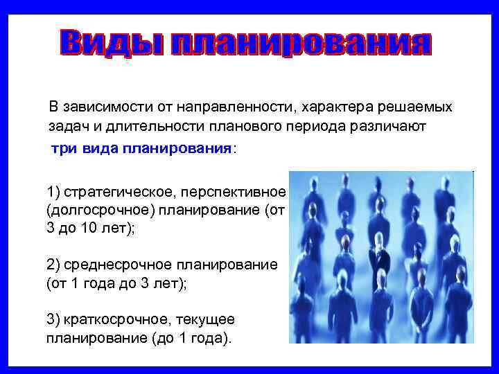   В зависимости от направленности, характера решаемых задач и длительности планового периода различают