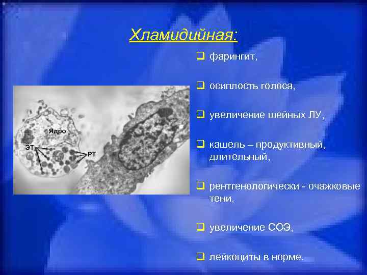 Хламидийная:   q фарингит,   q осиплость голоса,   q увеличение