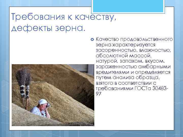 Требования к качеству, дефекты зерна.     Качество продовольственного   
