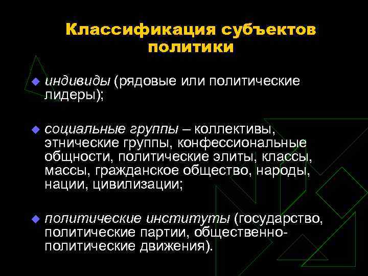 Классификация субъектов политики u индивиды (рядовые или политические лидеры); Классификация субъектов политики u индивиды (рядовые или политические лидеры);