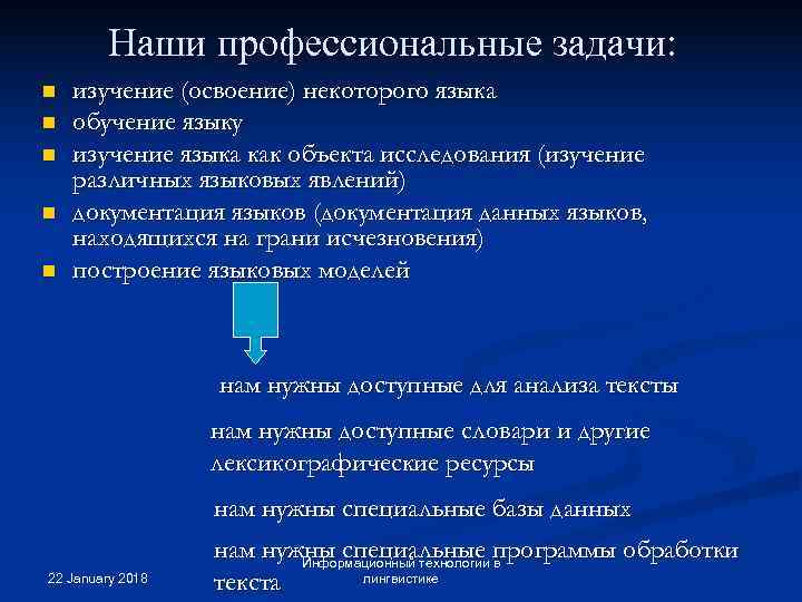   Наши профессиональные задачи: n  изучение (освоение) некоторого языка n  обучение