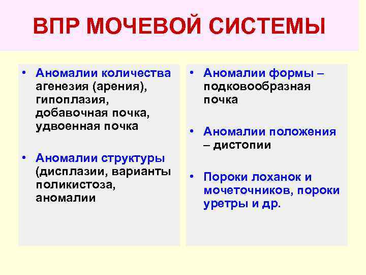  ВПР МОЧЕВОЙ СИСТЕМЫ • Аномалии количества • Аномалии формы –  агенезия (арения),