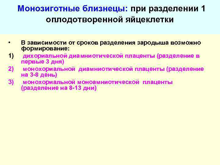  Монозиготные близнецы: при разделении 1  оплодотворенной яйцеклетки  • В зависимости от