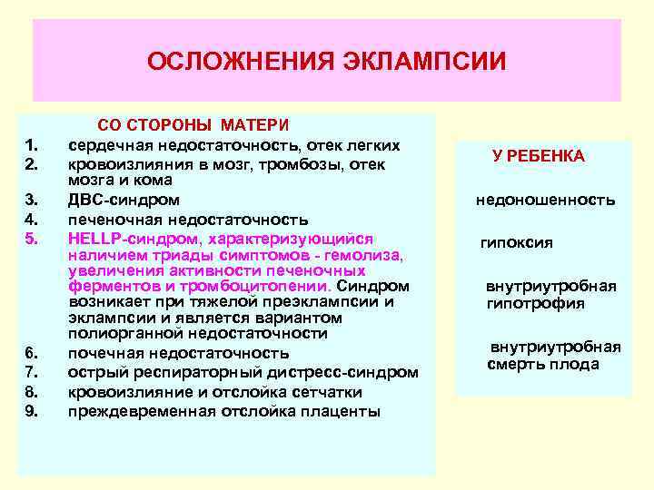    ОСЛОЖНЕНИЯ ЭКЛАМПСИИ   СО СТОРОНЫ МАТЕРИ 1.  сердечная недостаточность,