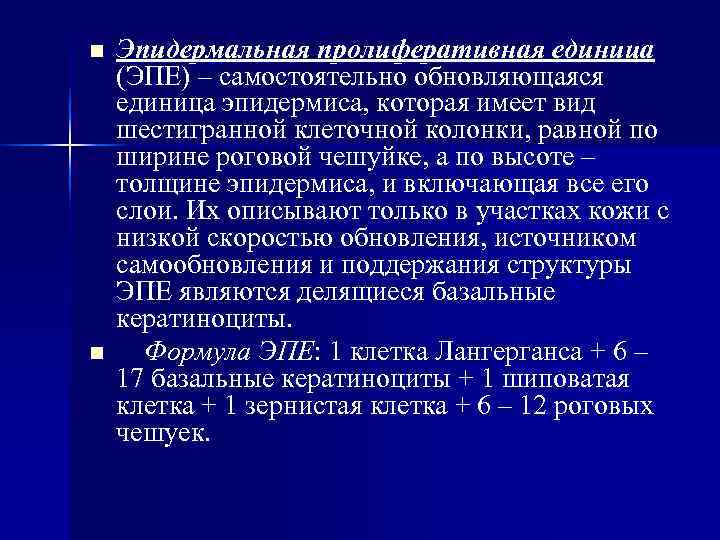 n Эпидермальная пролиферативная единица (ЭПЕ) – самостоятельно обновляющаяся единица эпидермиса, которая имеет вид n Эпидермальная пролиферативная единица (ЭПЕ) – самостоятельно обновляющаяся единица эпидермиса, которая имеет вид
