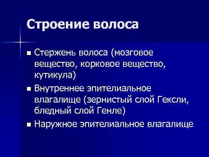 Строение волоса n Стержень волоса (мозговое вещество, корковое вещество, кутикула) n Внутреннее Строение волоса n Стержень волоса (мозговое вещество, корковое вещество, кутикула) n Внутреннее