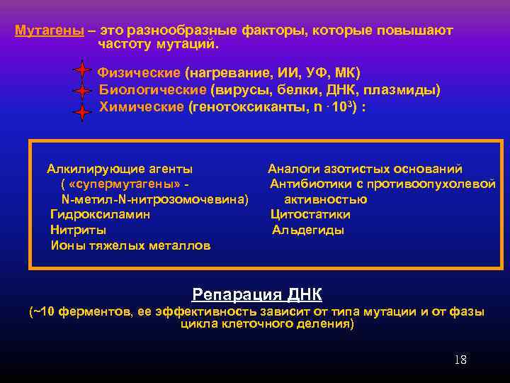 Мутагены – это разнообразные факторы, которые повышают  частоту мутаций.   Физические (нагревание,