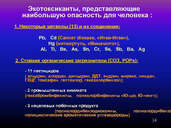  Экотоксиканты, представляющие  наибольшую опасность для человека : 1. Некоторые металлы (13) и