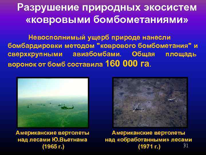  Разрушение природных экосистем «ковровыми бомбометаниями»  Невосполнимый ущерб природе нанесли бомбардировки методом 