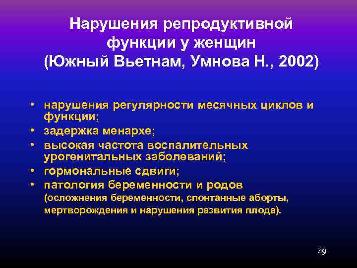   Нарушения репродуктивной  функции у женщин (Южный Вьетнам, Умнова Н. , 2002)