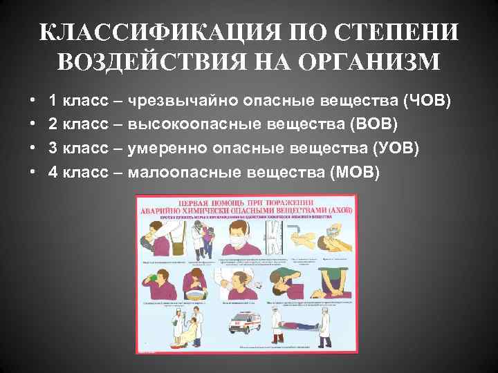   КЛАССИФИКАЦИЯ ПО СТЕПЕНИ ВОЗДЕЙСТВИЯ НА ОРГАНИЗМ •  1 класс – чрезвычайно