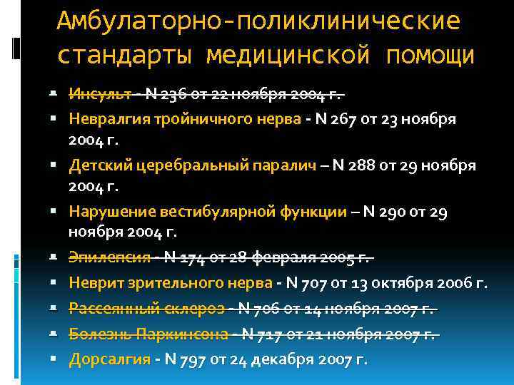 Амбулаторно-поликлинические стандарты медицинской помощи  Инсульт - N 236 от 22 ноября 2004 г.