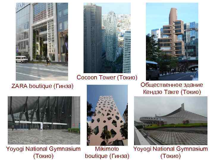 Cocoon Tower (Токио) ZARA boutique (Гинза) Общественное здание Кендзо Такге (Токио) Yoyogi National Gymnasium