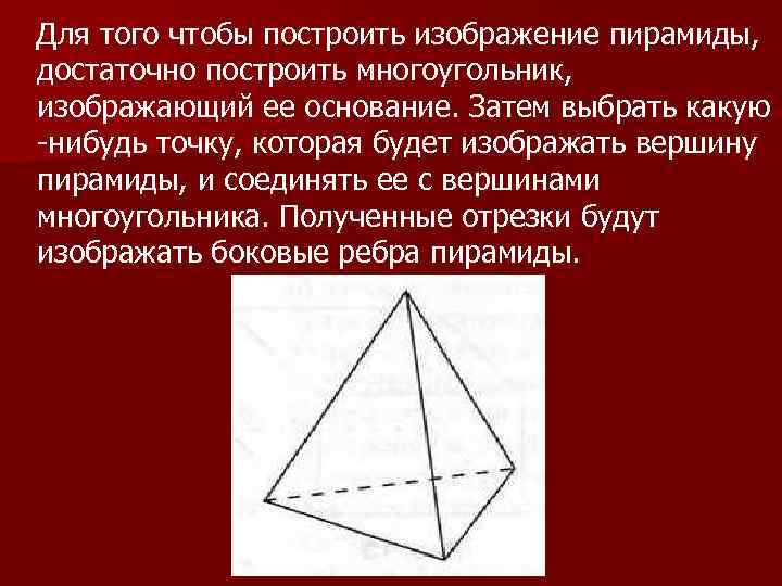 Для того чтобы построить изображение пирамиды, достаточно построить многоугольник, изображающий ее основание. Затем выбрать