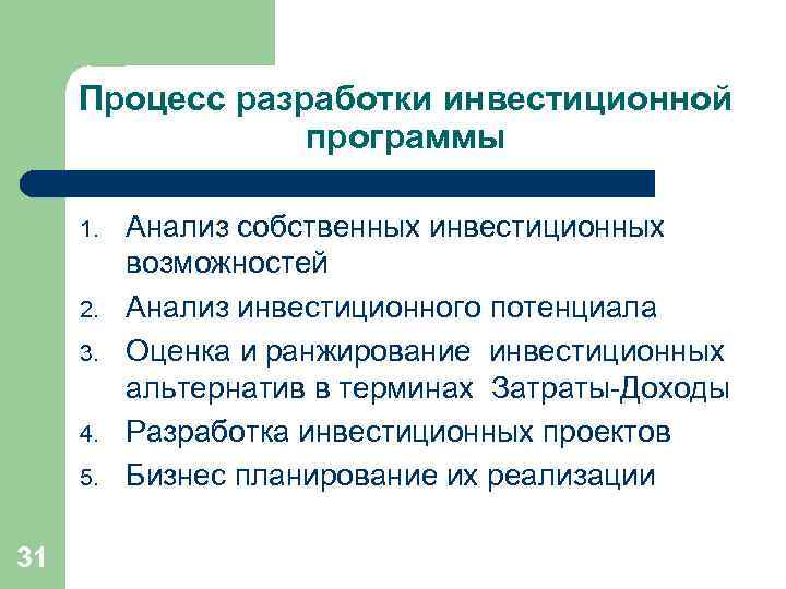 Процесс разработки инвестиционного проекта включает тест