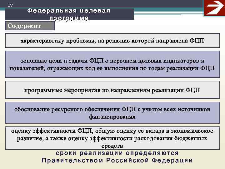 17 Федеральная целевая  программа Содержит   характеристику проблемы, на решение которой направлена