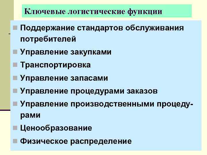  Ключевые логистические функции n Поддержание стандартов обслуживания потребителей n Управление закупками n Транспортировка