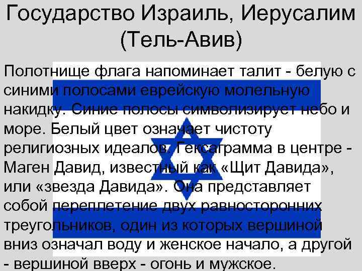 Государство Израиль, Иерусалим  (Тель-Авив) Полотнище флага напоминает талит - белую с синими полосами