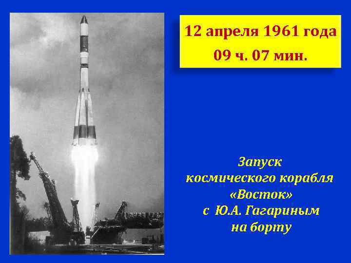 12 апреля 1961 года  09 ч. 07 мин.   Запуск космического корабля