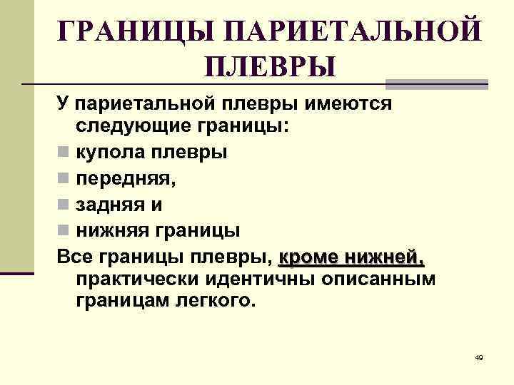 ГРАНИЦЫ ПАРИЕТАЛЬНОЙ  ПЛЕВРЫ У париетальной плевры имеются  следующие границы: n купола плевры