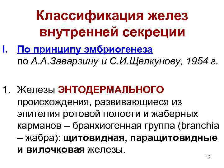 Классификация желез внутренней секреции I. По принципу эмбриогенеза по А. А. Заварзину и С.