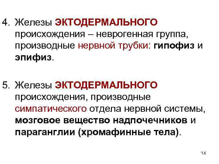 4. Железы ЭКТОДЕРМАЛЬНОГО происхождения – неврогенная группа, производные нервной трубки: гипофиз и эпифиз. 5.