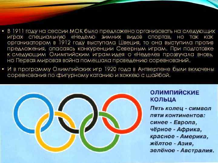 • В 1911 году на сессии МОК было предложено организовать на следующих • В 1911 году на сессии МОК было предложено организовать на следующих