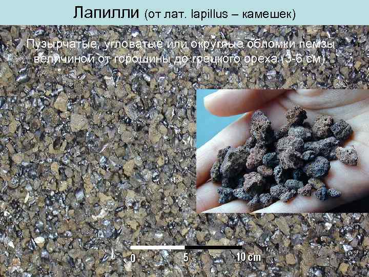   Лапилли (от лат. lapillus – камешек) Пузырчатые, угловатые или округлые обломки пемзы