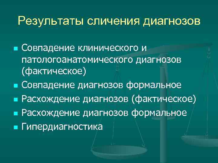 Результаты сличения диагнозов n Совпадение клинического и патологоанатомического диагнозов (фактическое) n Совпадение Результаты сличения диагнозов n Совпадение клинического и патологоанатомического диагнозов (фактическое) n Совпадение