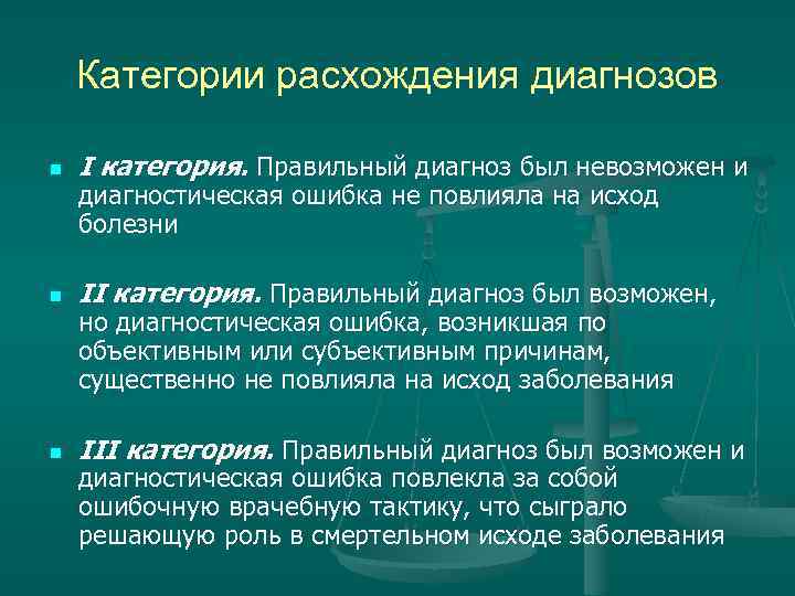 Характеристика диагноза. Расхождение диагнозов. Расхождение клинического и патологоанатомического диагнозов. Критерии расхождения диагнозов. Расхождение диагнозов по категориям.