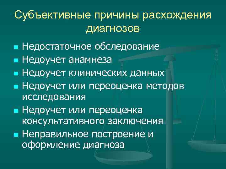 Субъективные причины расхождения диагнозов n Недостаточное обследование n Недоучет анамнеза n Субъективные причины расхождения диагнозов n Недостаточное обследование n Недоучет анамнеза n