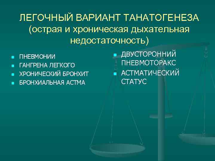 ЛЕГОЧНЫЙ ВАРИАНТ ТАНАТОГЕНЕЗА (острая и хроническая дыхательная недостаточность) ЛЕГОЧНЫЙ ВАРИАНТ ТАНАТОГЕНЕЗА (острая и хроническая дыхательная недостаточность)