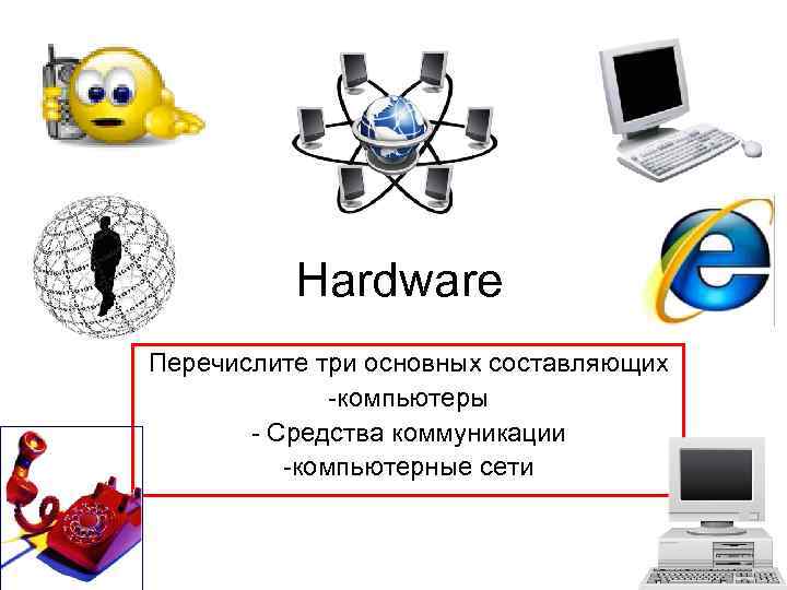    Hardware Перечислите три основных составляющих    -компьютеры  