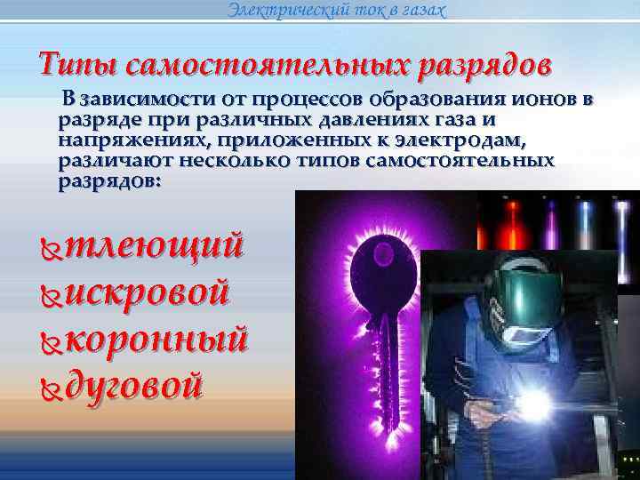     Электрический ток в газах Типы самостоятельных разрядов  В зависимости