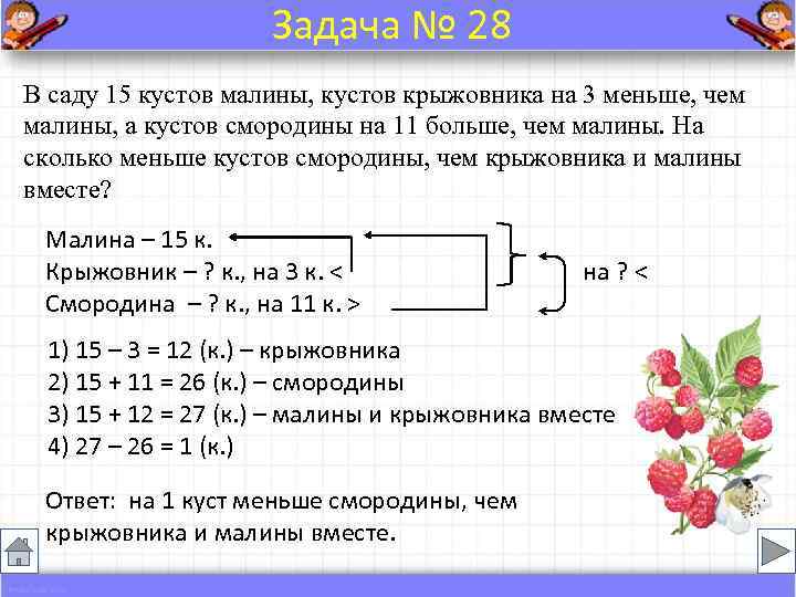      Задача № 28 В саду 15 кустов малины, кустов