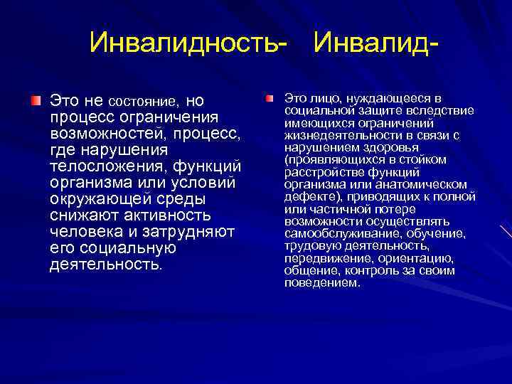   Инвалидность- Инвалид- Это не состояние, но Это лицо, нуждающееся в  