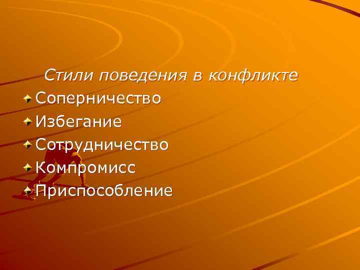  Стили поведения в конфликте Соперничество Избегание Сотрудничество Компромисс Приспособление 