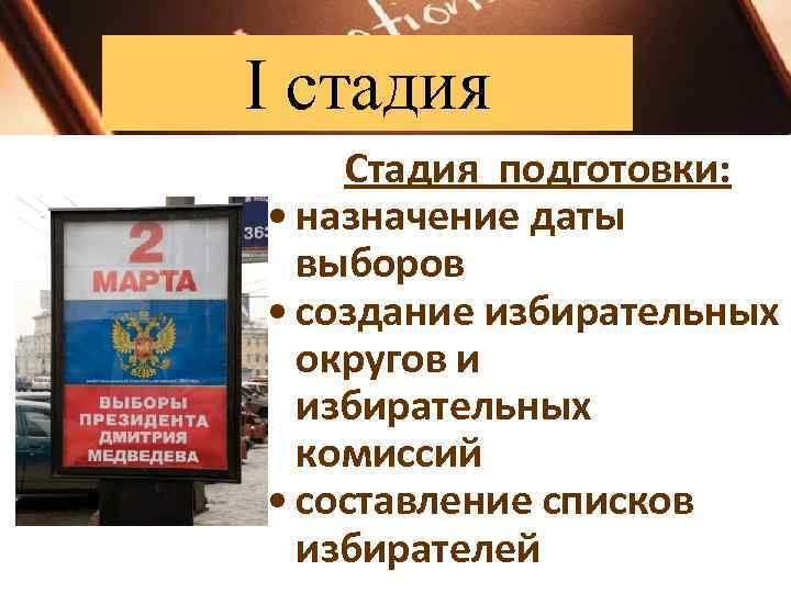 I стадия Стадия подготовки:  • назначение даты  выборов • создание избирательных 