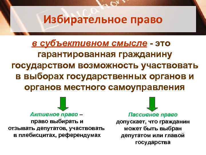   Избирательное право в субъективном смысле - это  гарантированная гражданину государством возможность