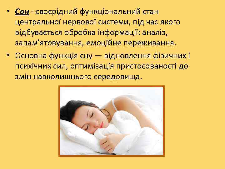  • Сон - своєрідний функціональний стан  центральної нервової системи, під час якого