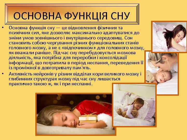   ОСНОВНА ФУНКЦІЯ СНУ • Основна функція сну — це відновлення фізичних та