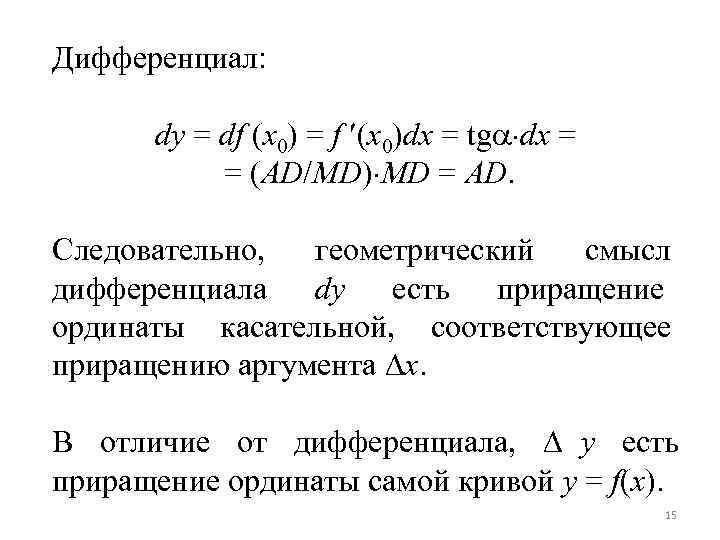 Дифференциал: dy = df (x 0) = f (x 0)dx = tg Дифференциал: dy = df (x 0) = f (x 0)dx = tg