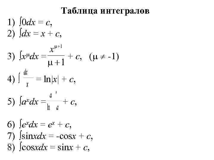    Таблица интегралов 1) 0 dx = c, 2) dx = x